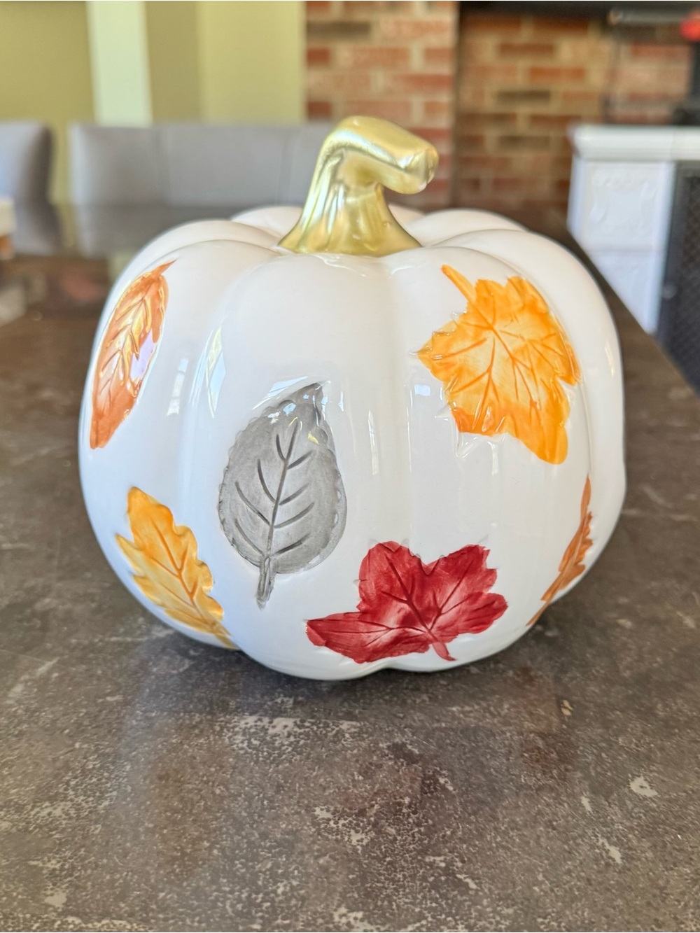 White Ceramic Pumpkin with Autumn Leaf Motif - Picture 3 of 6